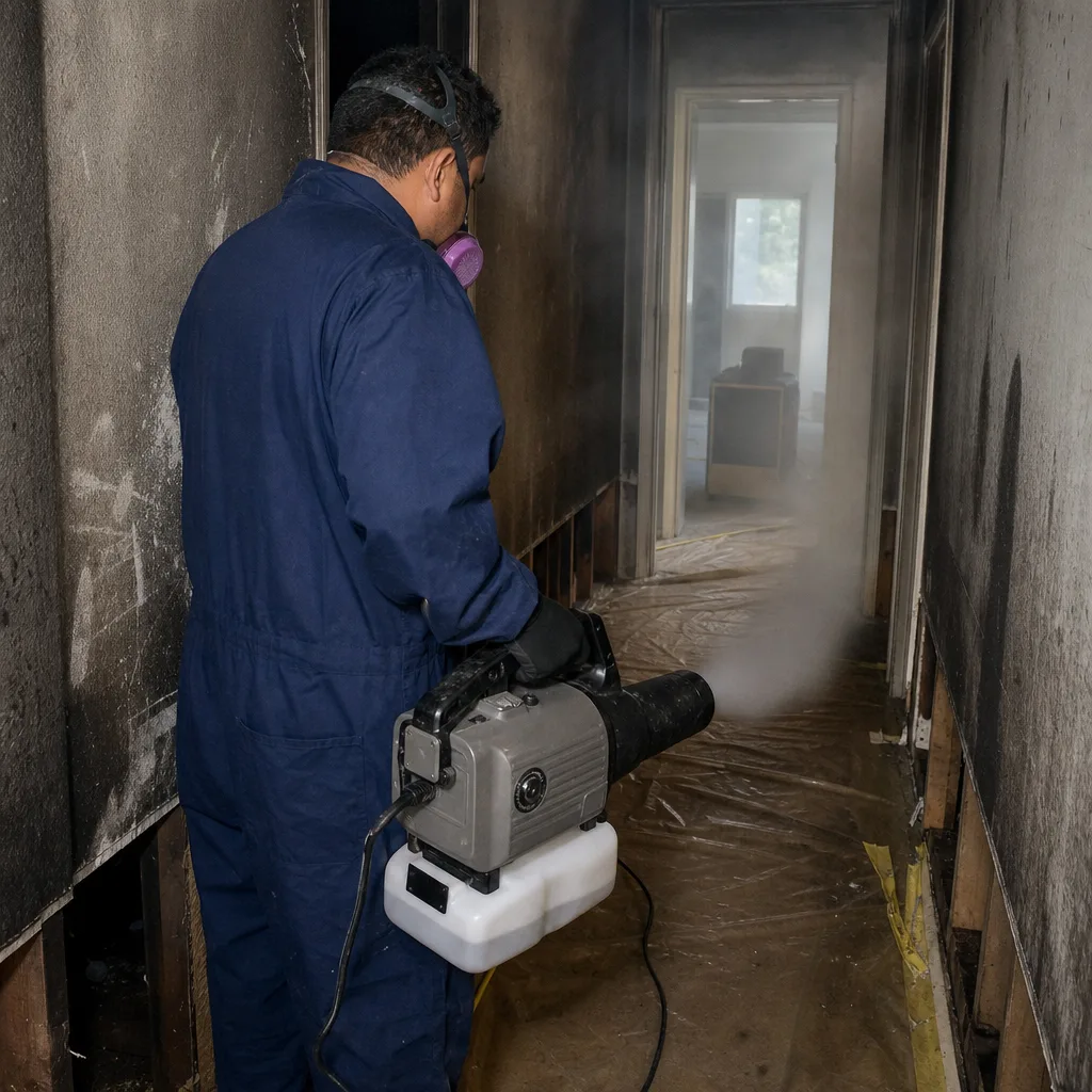 Technician using fogging equipment for professional fire and smoke damage restoration.