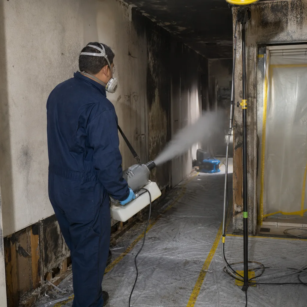 Technician performing professional fire and smoke damage restoration and odor treatment