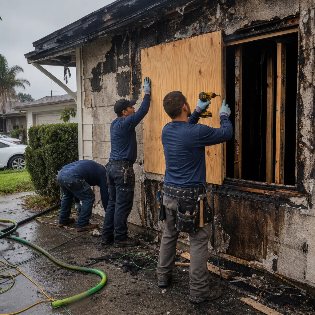Technicians boarding up a fire damaged residential building window