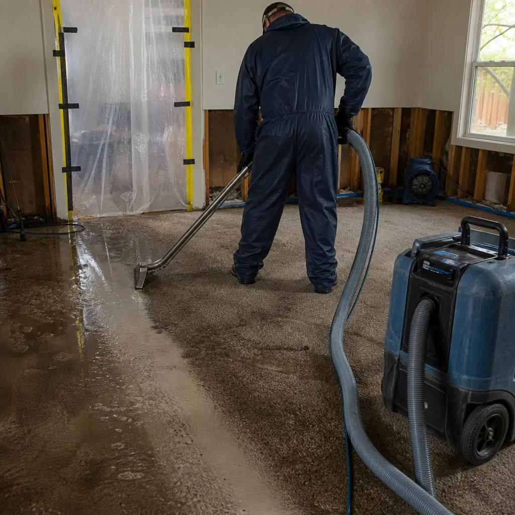 Water damage restoration professional extracting water from flooded carpeted floors