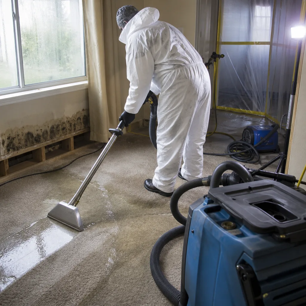 Technician performing water damage restoration on carpeted floor.