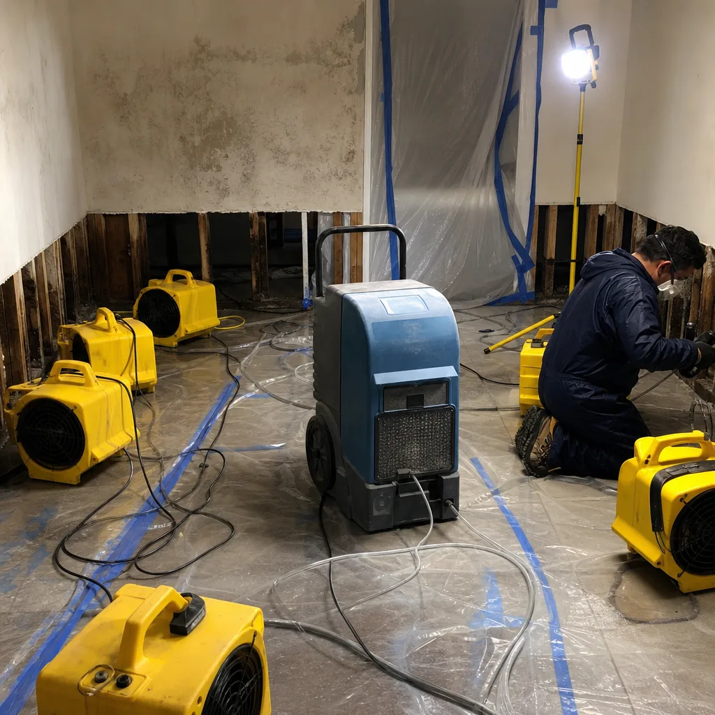 Technician using professional drying equipment for water damage restoration services.